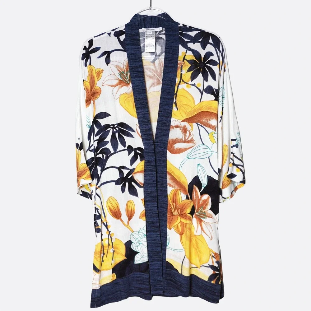 Chico's 100% Rayon Kimono Cardigan L XL 1X 12 14 Mustard Indigo Floral Boho Plus